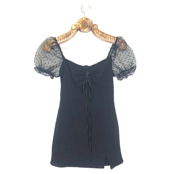 Lucy in the Sky Dress Black Mini Sheer Puff Sleeve Notch Hem Tie Keyhole Small - Picture 7 of 7